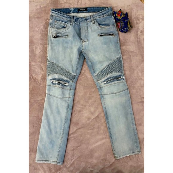 Balmain Other - Balmain Paris Men's Blue Denim Light Wash Textured Biker Motorcycle Jean Sz 36